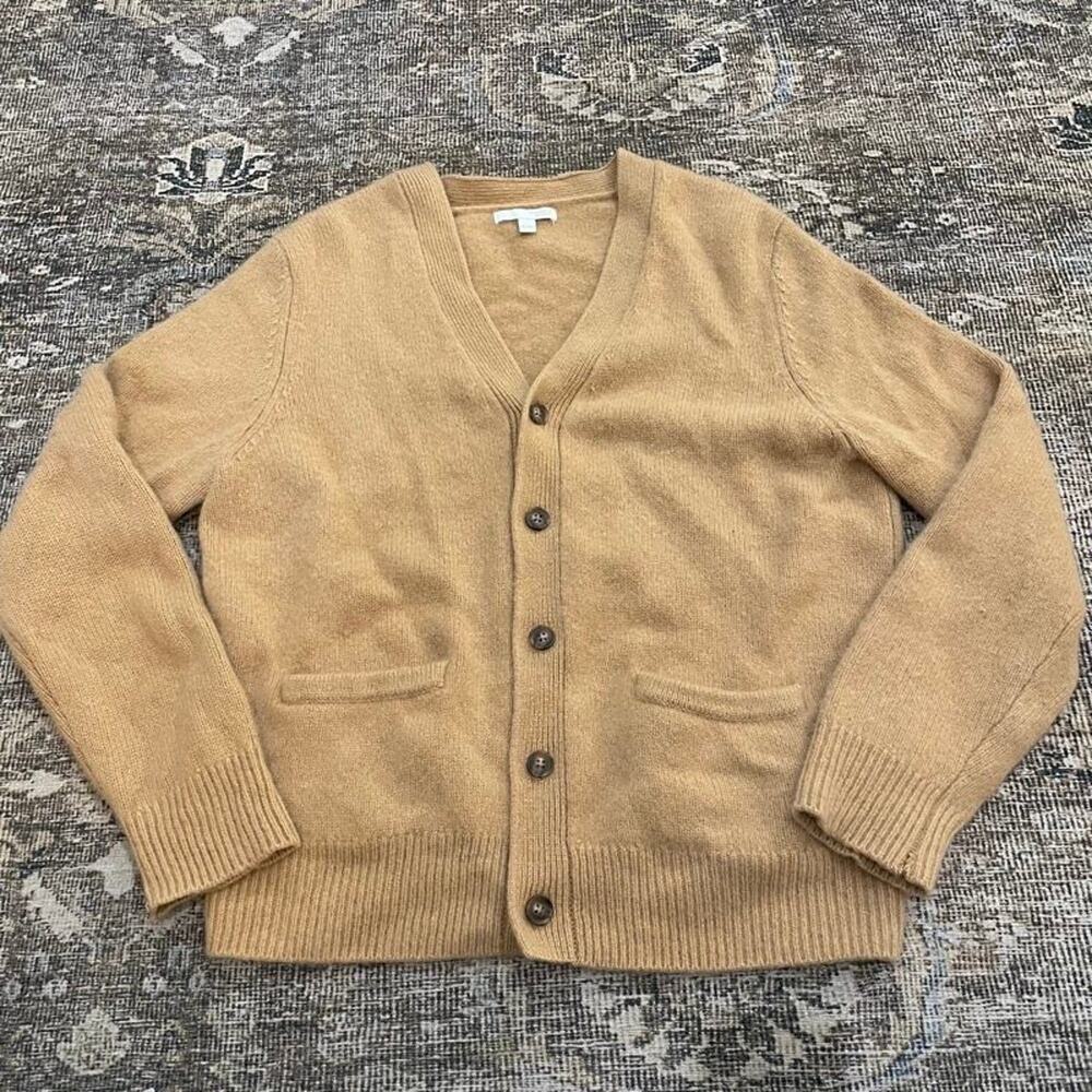Zara 100% Cashmere Cardigan Sweater Mens M Camel Tan V-Neck Button Front Pockets